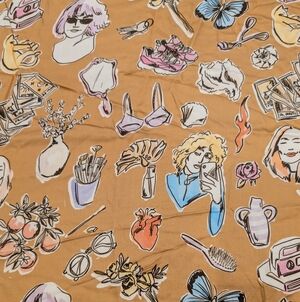Golden Faces & Objects Cotton Voile Fabric